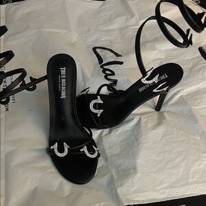 True Religion Black Strappy Heels with Silver Accents